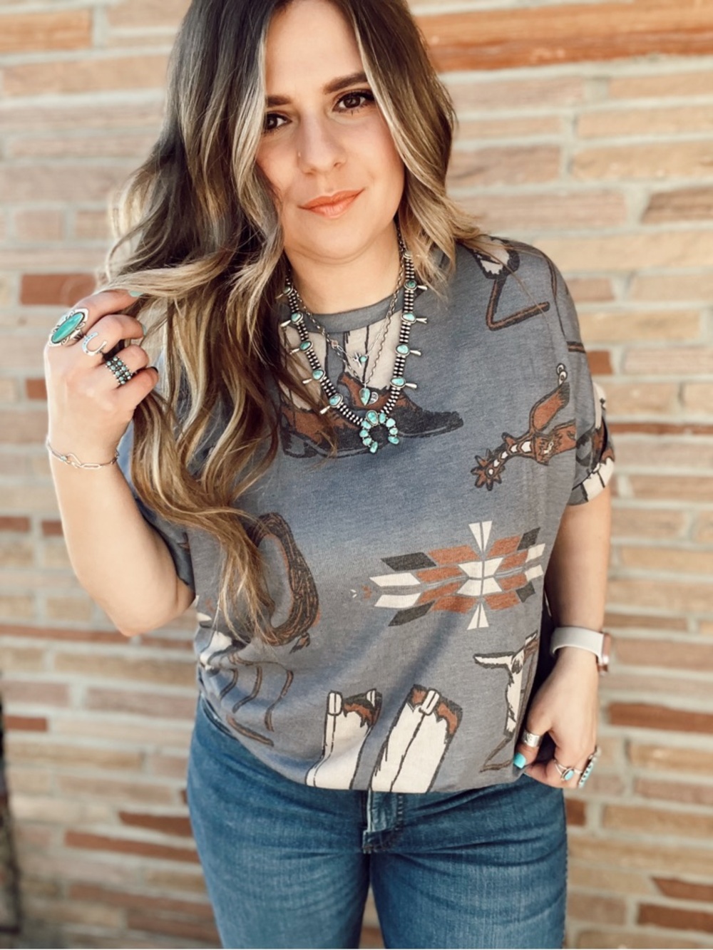Gray Western Aztec Graphic Short Sleeve Tee